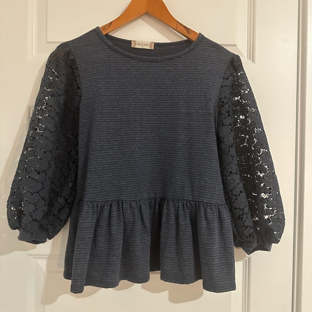 Altar’d State Blue Peplum Top With Lace Sleeves